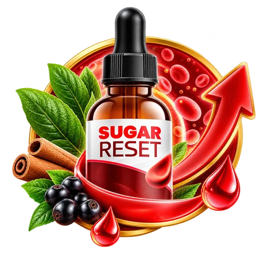 Sugar Reset bottle surrounded by fresh ingredients
